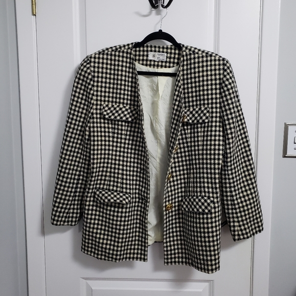 BRAEMAR JEREMY SCOTT 100% Wool Houndstooth Gold Buttons Blazer Jacket - Picture 3 of 14